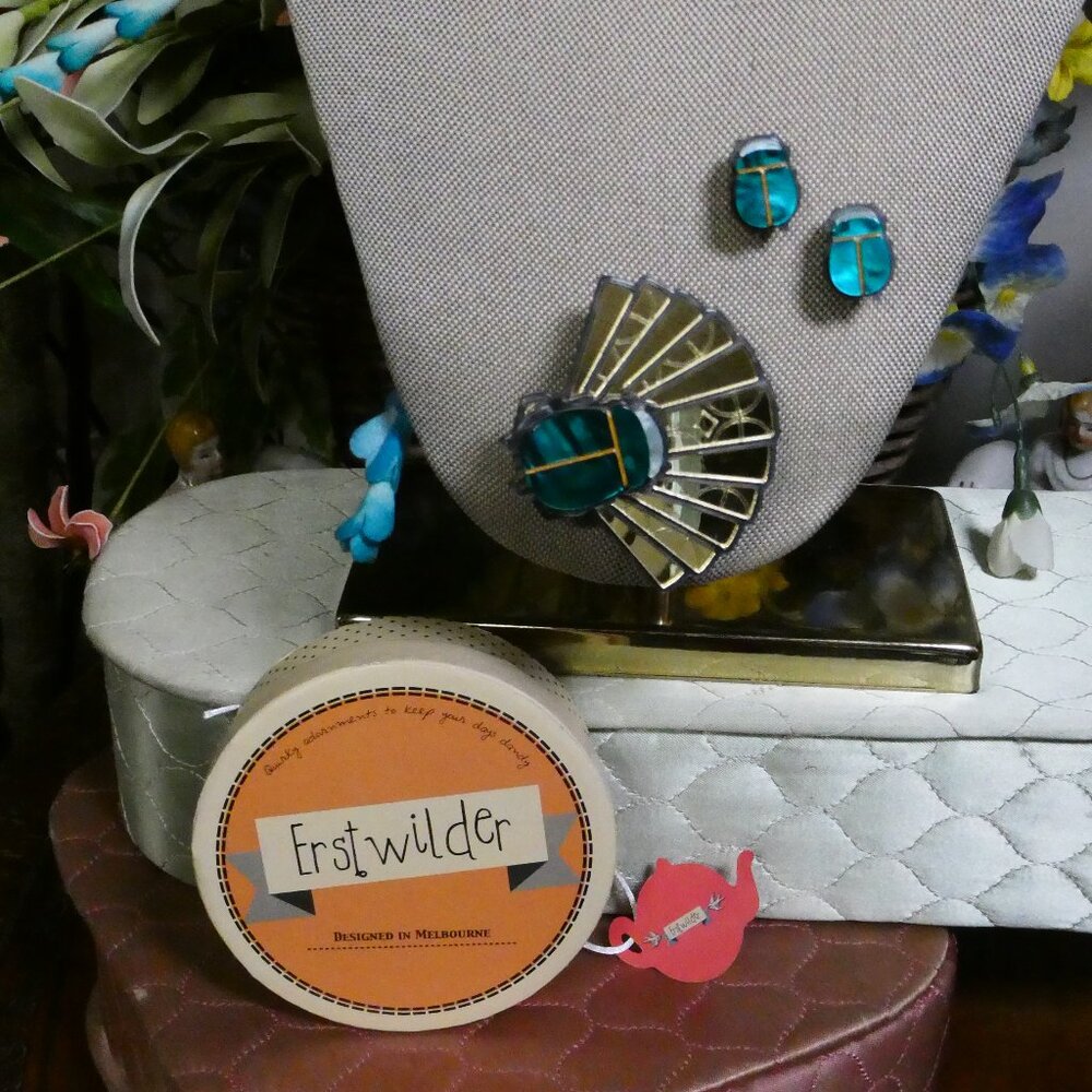 Erstwilder Art Deco Egyptian Revival Scarab Brooch w/ Matching Earrings & Box